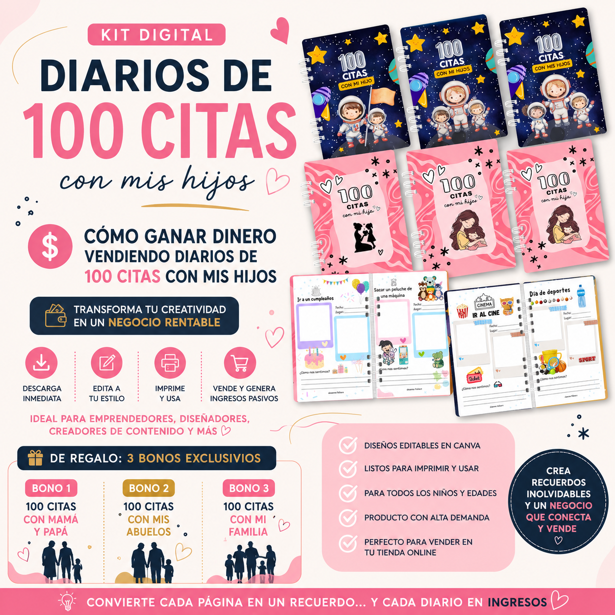 Diario 100 citas con mis hijos + 3 Bonos de regalo 🎁